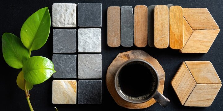 Abstract composition with coffee cup and decorative objects on dark surface