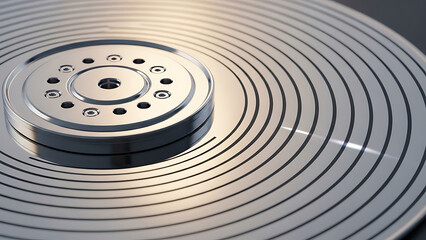 Detailed close-up of a hard disk drive platter, illustrating digital data storage and advanced technology concepts.