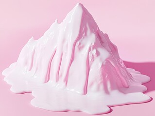 Surreal mountain covered with melting pink ice cream texture. AI-generated.