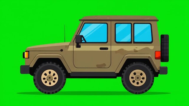 Cartoon off road SUV side view animation on green background.