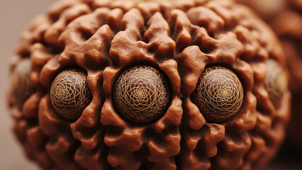 Intricate macro close-up of organic brown texture with embedded spheres featuring sacred geometric patterns