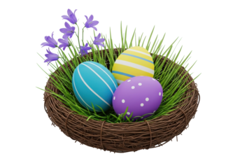 Three patterned easter eggs nestled in a rustic bird's nest surrounded by lush green grass and purple bell flowers, isolated on a transparent studio background, serene easter holiday concept