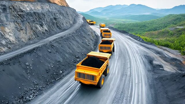 Multiple large yellow haul trucks carrying coal on a winding dirt road in an open pit mine alongside a mountain, industry footage
