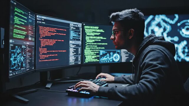 Stressed Programmer Working Late - A young man sits at a desk with multiple computer monitors displaying code, looking stressed and rubbing his eyes.