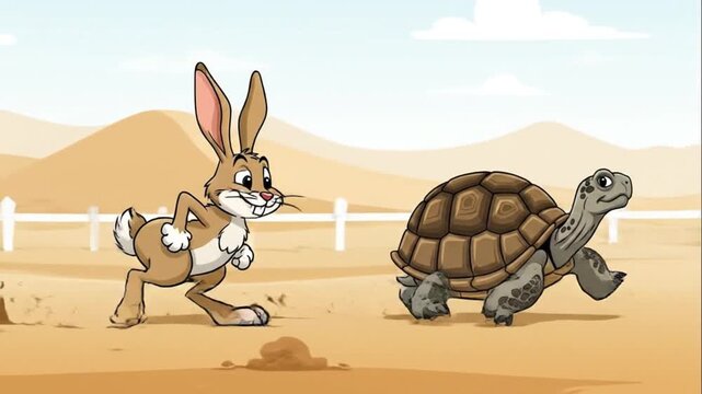 The Hare and the Tortoise Race Cartoon Animation in Desert