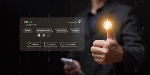 Virtual private network concept. Businessman giving thumbs up with a power icon and a VPN interface. Secure connection, encrypted tunnel, safe IP, and data protection over unsecured internet networks.