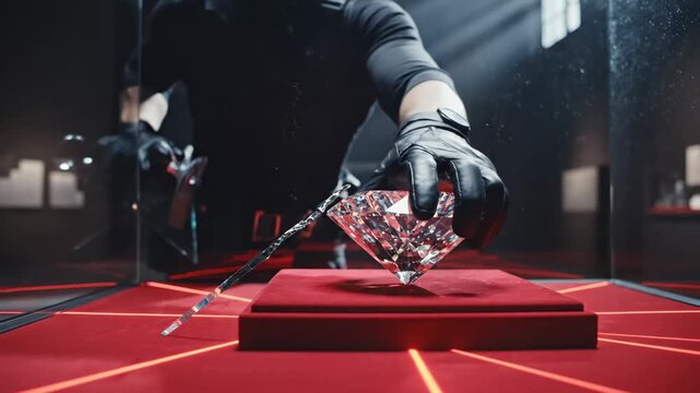 Diamond Heist - A burglar wearing a ski mask and black gloves cuts through the glass of a display case using a suction cup tool to steal a large diamond.