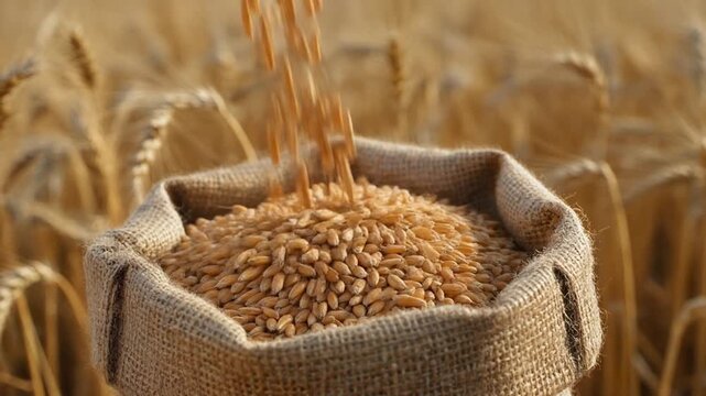 Golden wheat grains pouring into burlap sack in field.