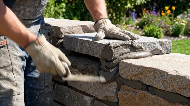 Masonry Construction with Natural Stone - A mason is shown laying mortar on a natural stone wall under construction. The stone has a light gray color and the mortar is a contrasting dark gray.