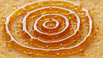 Close-up of golden honey dripping and forming a beautiful spiral pattern, symbolizing natural sweetness and pure flavor.