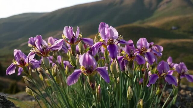 Shifting camera pulling focus from lichen rock to purple wildflowers on hillside, revealing buds