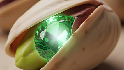 Emerald Gemstone Sparkling Inside a Cracked Pistachio Shell ?A Symbol of Hidden Value and Luxury