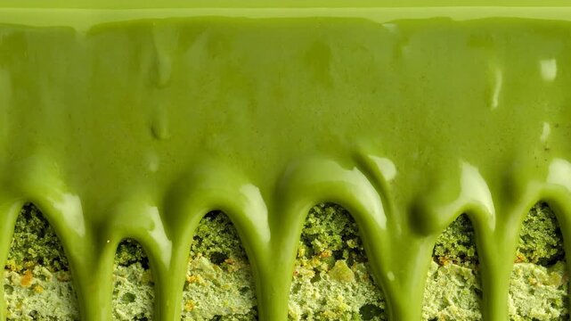Slow motion green glaze dripping over layered matcha cake.