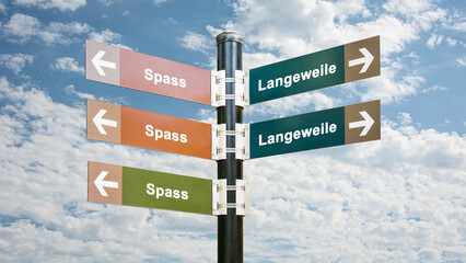 Fototapeta premium Signposts the direct way to fun versus boredom