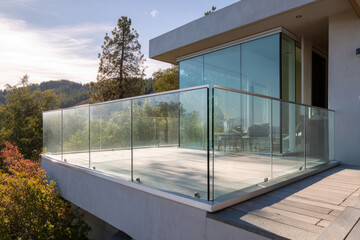 Naklejka premium This modern house features a transparent glass terrace railing that provides a clear view. The open space allows natural light to fill the area and enhance the simple design