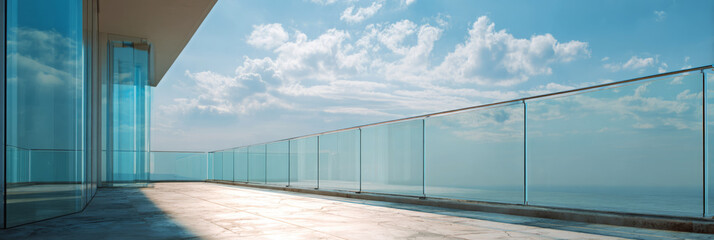 Naklejka premium This modern house features a transparent glass terrace railing that provides a clear view. The open space allows natural light to fill the area and enhance the simple design, banner