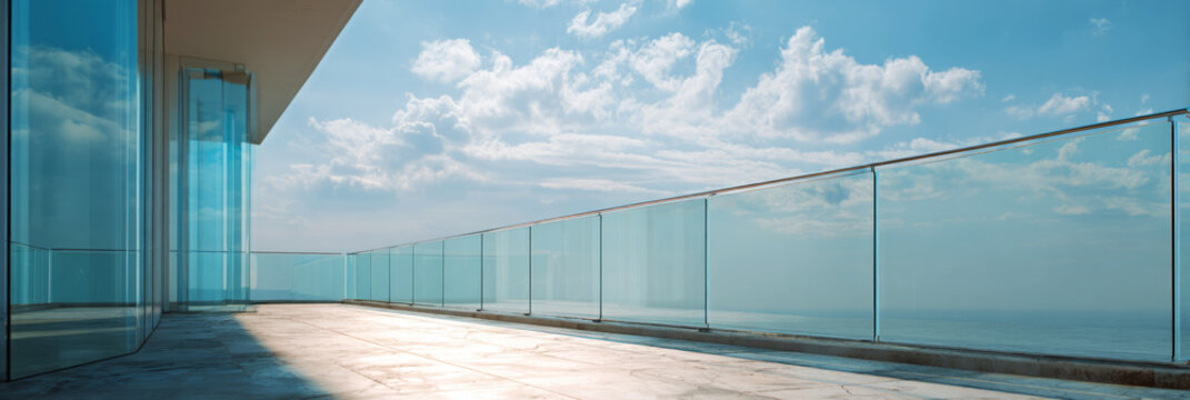This modern house features a transparent glass terrace railing that provides a clear view. The open space allows natural light to fill the area and enhance the simple design, banner