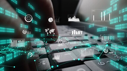 A close-up view of a laptop keyboard with overlaid digital graphs and data visualizations. This image represents the intersection of technology and business analytics, showcasing trends. Xenic - Powered by Adobe