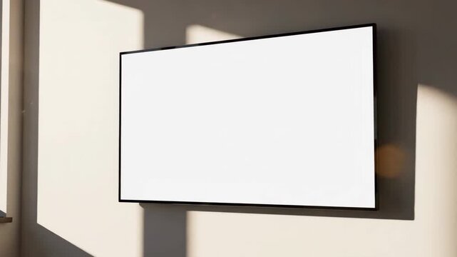 Blank Screen Display Mockup - A blank widescreen television screen is mounted on a light-colored wall with sunlight casting shadows on either side.