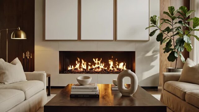 Elegant Living Room with Fireplace and Modern Decor - A bright and cozy living room scene features a modern fireplace with a glowing fire.