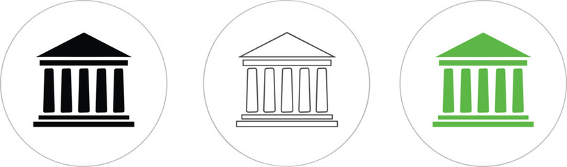 Naklejka premium Set of bank and courthouse icons in black outline and green solid styles isolated on white for financial.