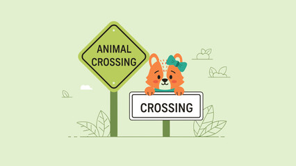 Adorable Animal Crossing Illustration With Cute Dog And Sign Posts