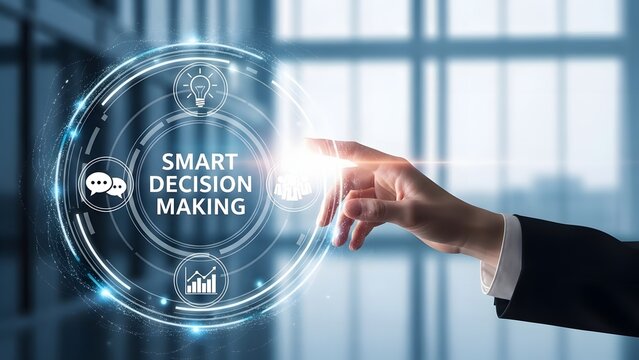 Smart decision making concept with a business hand interacting with a futuristic interface