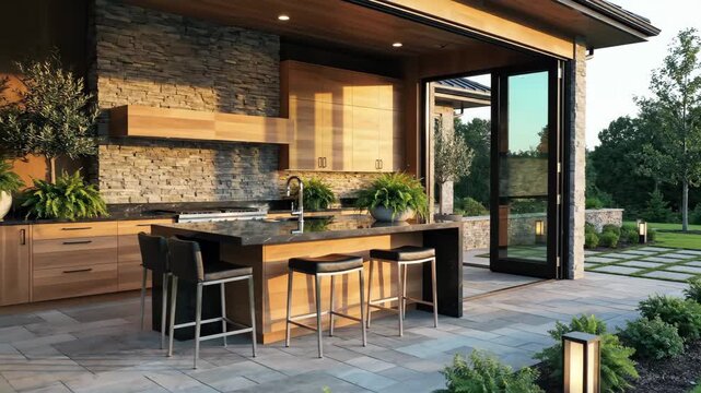 Luxury Outdoor Kitchen with Island and Patio - An outdoor kitchen area boasts modern design with wood cabinetry, stone accents, and a black countertop island.