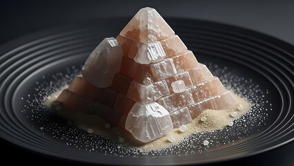 Elegant Decorative Pyramid of Himalayan Pink Salt Crystals on a Modern Dark Plate with Fine Grains