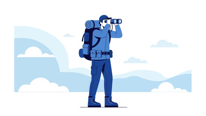 Adventurer Exploring Distant Landscapes With Binoculars Amidst Serene Mountain Views