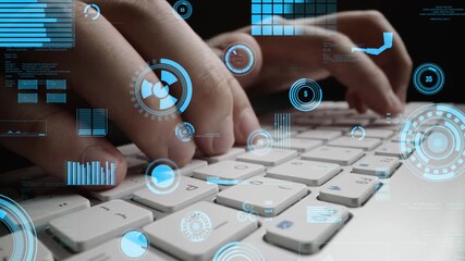 A close-up view of hands typing on a sleek keyboard, surrounded by various digital data visualizations and infographics, emphasizing technology and innovation themes. Xenic - Powered by Adobe