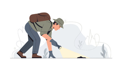 Naklejka premium Adventurer Exploring Nature With Flashlight At Night In Minimalistic Style Illustration