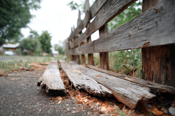 Fototapeta premium A wooden fence panel leans to one side, showing signs of rot. Strong wind has affected its position. Dry grass is visible in the area, and a wooden structure is seen in the background