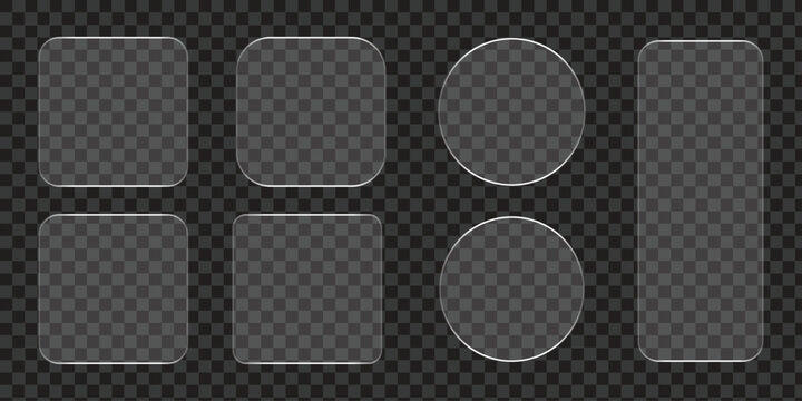 Liquid glass frames and buttons set isolated on transparent background. Vector realistic illustration of glass morphism text boxes, menu windows, search bars, website or mobile app ui design elements