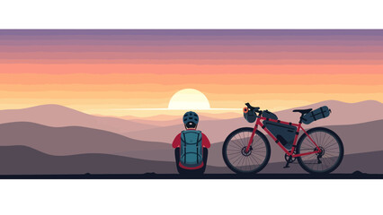 Obraz premium Adventure Cyclist Enjoying Sunset Views On Bike Tour Through Majestic Hills