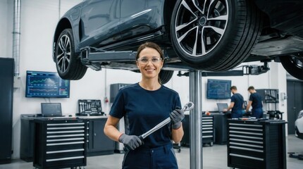 Female mechanic smiling in modern auto repair shop,holding torque wrench with raised vehicle in background,representing industry,teamwork and skilled labor concept