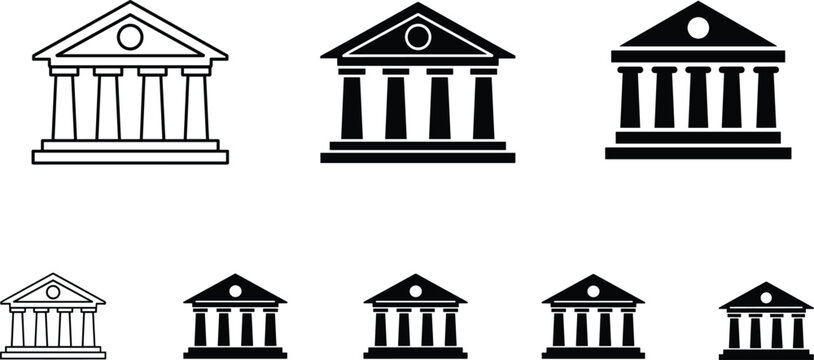 Set of bank and courthouse building icons in outline and solid silhouette styles for finance justice and government concepts.