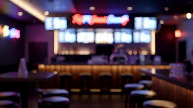 Blurry interior of a modern bar with stools and illuminated menu boards on the wall at night