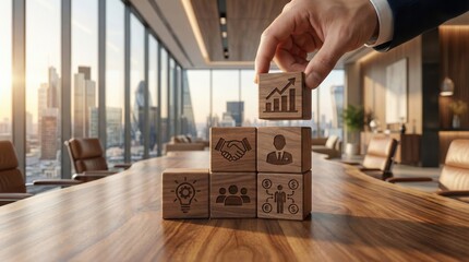 Business growth strategy concept with hand stacking wooden blocks showing finance,leadership,teamwork and innovation icons in modern office background