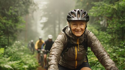 Cardio sports cycling biking exercise training, healthy lifestyle. A woman wearing a jacket and helmet, riding a bicycle on a trail surrounded by lush greenery. The background is slightly blurred.