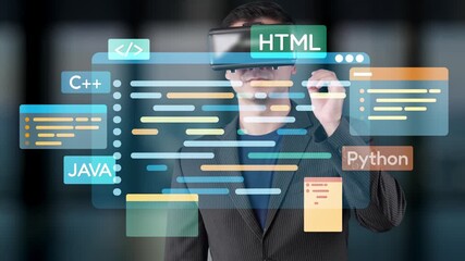 A professional male programmer engages with virtual reality technology to explore innovative coding and software development concepts in a sleek office setting. Raster - Powered by Adobe