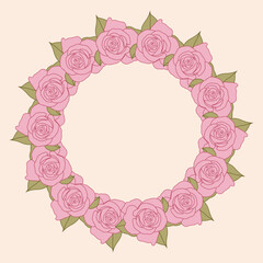 Floral wreath with pink roses on pastel background
