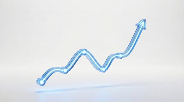 3D glowing blue upward trend graph,zigzag arrow line with light points,concept of business growth,success,data analytics and financial progress on white background - Powered by Adobe