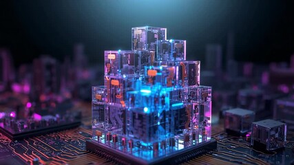 Receiving power, clear cube stack pulsing blue cores and flashing orange nodes on PCB - Powered by Adobe