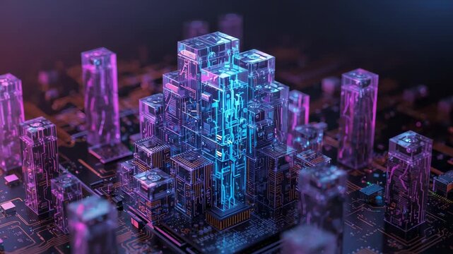 Pulsing central stack tower sending cyan light on PCB as channel powering, lighting pillars, traces