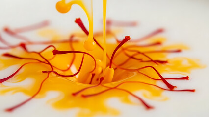Vibrant saffron threads infusing in a golden liquid stream, creating a rich and aromatic culinary essence. Macro shot.
