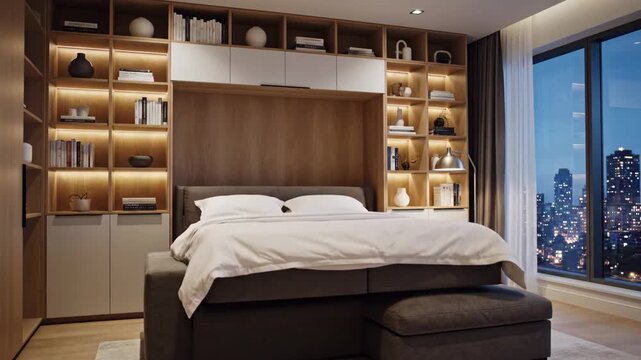 Modern Murphy Bed with Built-in Shelving - This video shows a modern Murphy bed integrated into a wall of built-in shelving and cabinets.