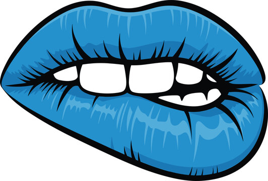 Blue glossy biting lips vector illustration, featuring a white teeth smile for creative fashion design