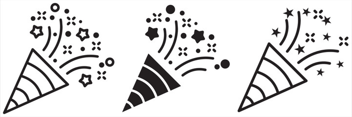 Party Popper Celebration Icon Set – Confetti and Streamers Silhouette Vector for Festive Events
 and Holiday Fun