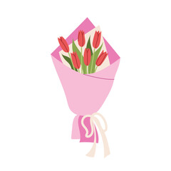 Elegant red tulip bouquet wrapped in pink paper with ribbon